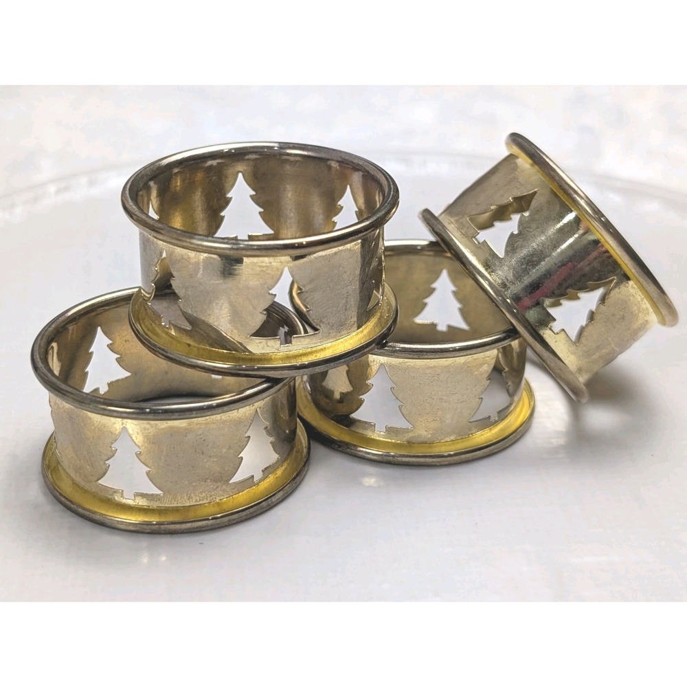 Set of 4 Christmas Tree Metal Napkin Rings Silver Gold Tone Holiday Table Decor
